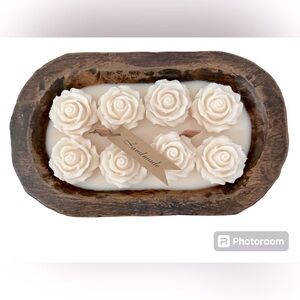 Cream rose candle.  Dough bowl.  New.  Handmade.